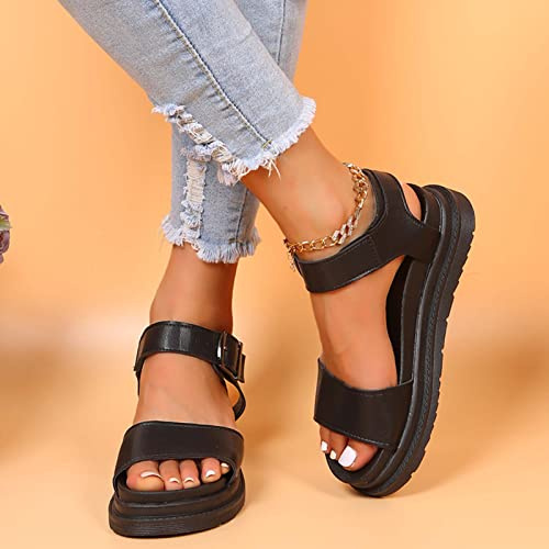 GLEYDY Sandales Femme été Décontractées Confortables Femmes Sandale Plateforme PU Cuir Antidérapant Poisson Bouche Sandales Plates Bout Ouvert Chaussures Plateforme,Noir,37