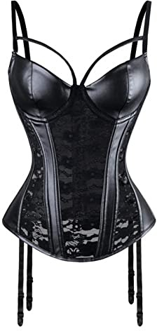 JozAdy Women's Basque Steampunk Gothic Lace up Boned Waist Trainer Overbust Corset Bustier Body Shaper with Suspenders (18-20, Black)