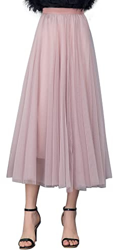 ANIMQUE Femme Jupes Longue Tulle Midi Jupe Taille Haute Plissé Elastique Taille Princesse Élégante Fête Mariage Jupe 78cm de Longueur, Rose