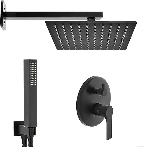 Set doccia completo nero opaco, sistema incasso compreso di miscelatore con deviatore, soffione e kit doccetta (25x25 cm, Quadrato)
