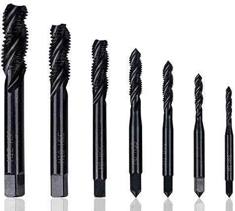 Mesee 7 Stück HSS Titanbeschichtetes Gewindebohrer, Spiralgewindebohrer, Nitrieren Metrisch Spiralnutbohrer Maschinengewindebohrer Gewindebohrer Satz Schneidiges Gewindeschneidwerkzeug M3-M12 schwarz