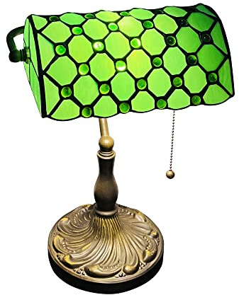 Aeyee Crystal Bead Table Lamp, Tiffany Style Desk Lamp, Elegant Bedside Table Lamp with Stained Glass Shade, Banker Lamp in Green