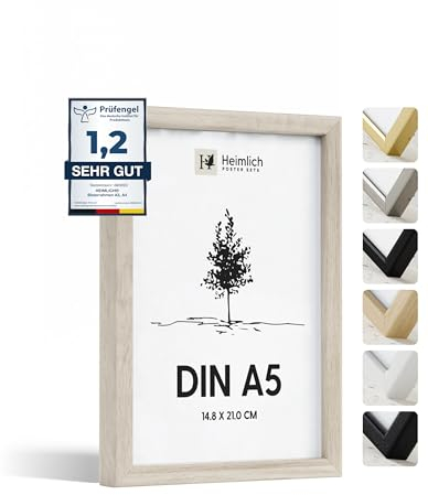 Heimlich® - Cornice per foto - A5 14,8x21 cm, legno di quercia - Cornice per collage di poster di diploma con copertura in foglio di plastica - Montaggio a parete o esposizione da tavolo