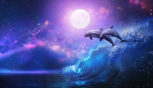 Acryl-Bild 100 x 60 cm: Nachtozean mit einem Paar wunderschöner Delfine, die auf einer Surfwelle aus dem Meer springen, und Vollmond, der vor (142031229)