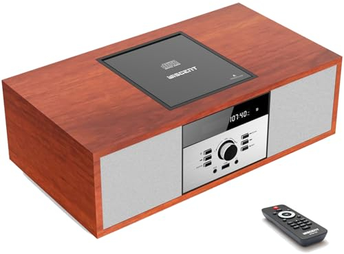 Chaîne Hi-FI Stéréo Bluetooth,WISCENT Vintage Micro HiFi Systems Lecteur CD, 30W RMS avec Streaming Audio Bluetooth, Poste Lecteur CD Radio FM, USB, AUX,Microchaîne