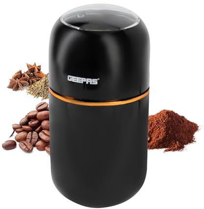 Geepas Coffee Grinder 80 g Capacity | Stainless Steel Bowl & Double Blades | Electric Dried Spice Nuts Herbs Beans Coffee Grinder | Small Fixed Mill with Transparent Lid | 2 Year Warranty, 200W, Black