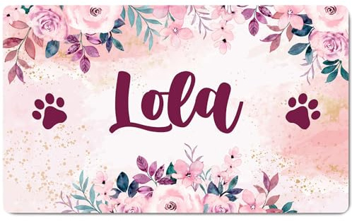 Ferocity Personalisierte Napfunterlage mit Namen | Fressnapf Matte für Hunde und Katzen | Größe 45 x 75 cm | 4 mm Gummierte Unterlage & Schuhmatte | Haustier Motiv | Farbe Flowers [140]