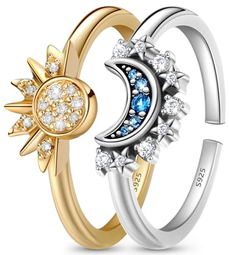 J.Fée Sole e Luna Anello Donna Argento 925 Regolabile Set Anello Sole e Luna, Anelli Donna Regolabili Anello Argento Gioielli Regali,Anelli Regalo