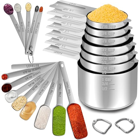 Minteem Measuring Cups and Spoons Set of 21, 7 Stainless Steel Nesting Measuring Cups, 8 Measuring Spoons & 1 Leveler, 5 Mini Spoons, Kitchen Gadgets for Cooking & Baking, Square