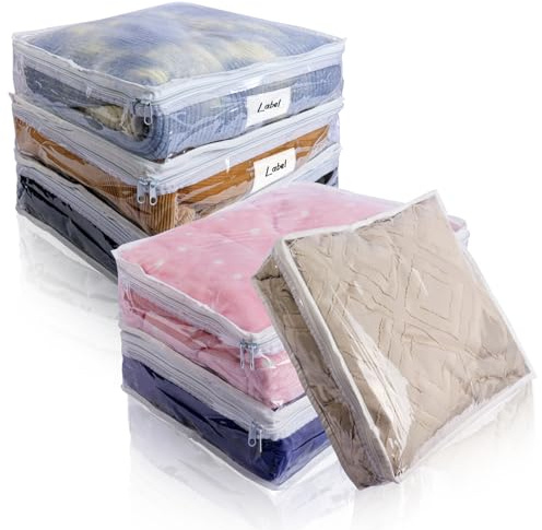 Heonay Clear Zippered Storage Bags Plastic Sweater Storage Bags with Zipper 6 Packs Clothing Organizer for Blankets Linen Sweater Bed Sheet Quilt Clothes Pillow (12 x 12 x 4 Inch, White)
