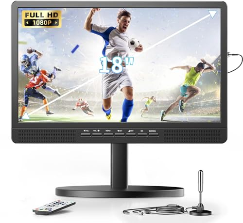 Desobry 18 pollici TV portatile con antenna, Mini TV LCD con sintonizzatore DVB/T2, 12V televisione ricaricabile 6000mAh con supporto rotondo per campeggio all'aperto, camera da letto, cucina