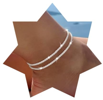 Anklets for Women Adjustable Ankle Chain Layered Ankle Bracelet Silver Foot Bracelet Beach Anklet Silver Simple Foot Chain Jewelry Ankle Bracelet Anklet Set for Women (Double layered ankle chains)