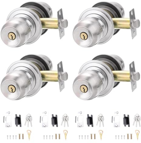 PATIKIL Key Entry Door Knobs Interior 70mm/2.8inch, 4 Pack Round Stainless Steel Bedroom Bathroom Door Knob with Zinc Lock Entry Indoor Outdoor Door, Silver