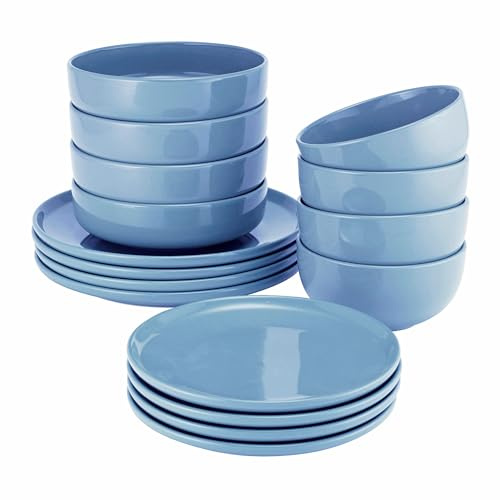 ProCook Stockholm Blue Dinner Set with Pasta Bowls Stoneware Scandinavian Style Flat Base Dishwasher, Microwave & Oven Safe Dinnerware 16 Piece, 15/20/22/27 cm