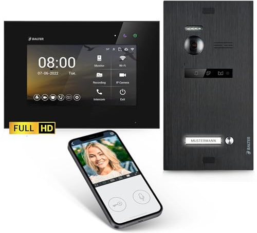 Balter EVO-HD Video Türsprechanlage, Video Türklingel, Smartphone App, 1 Familienhaus Klingel, 7 Zoll HD-Monitore, Full HD-Kamera, 2 Draht Bus, Gegensprechanlage mit 175° Weitwinkel, Schwarz