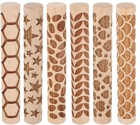 Sourcing Map 6pcs Wood Clay Pattern Rolling Pin - 4 Hexagon Pottery Tools With Grain Texture for Baking Dough Playdough DIY