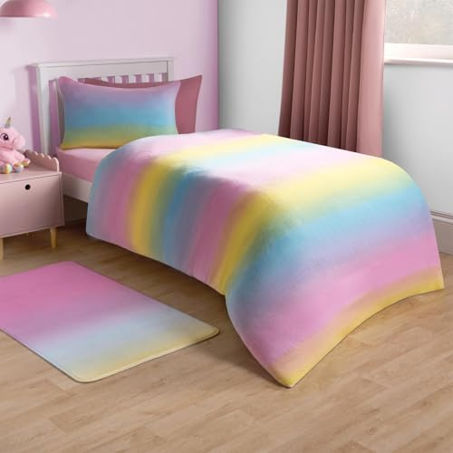 OHS Single Teddy Fleece Duvet Set Rainbow Ombre, Ultra Soft Warm Fleece Fabric Vibrant Rainbow Ombre Design Christmas Single Bedding Set & 1 Pillowcases, Multi