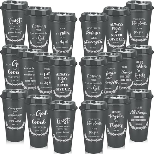 20 Pack Plastic Christian Coffee Cups Bulk, 480 ml Reusable Bible Verse Tumblers Gifts with Lids, Religious Travel Cup for Women Men Easter Good Friday Sunday School Church Mother’s Day Favours - Grey