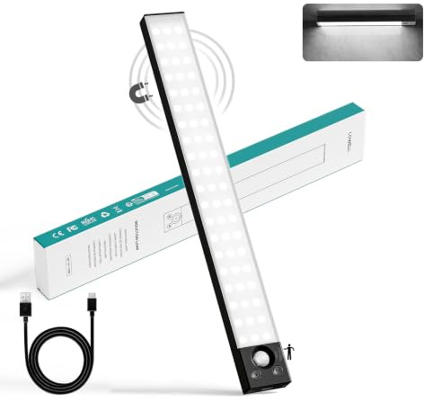LQWELL® Lámpara de Armario con 54 LEDs, Sensor de Movimiento Inalámbrico, 32 cm, 1800 mAh, Recargable, Regulable, Para cocina, Armario, Estantería, Dormitorio (Negro, 1 pieza)