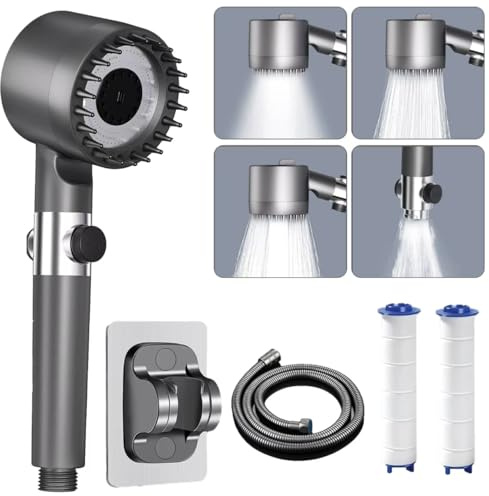 Duschkopf mit Filter, Hochdruck Duschbrause mit Schlauch 1,5M und Halterung, 4 Strahlarten Handbrause Dusche mit Stoppfunktion, Duschkopf Wassersparend für Hartes Wasser, Rest-Chlor(Grau)