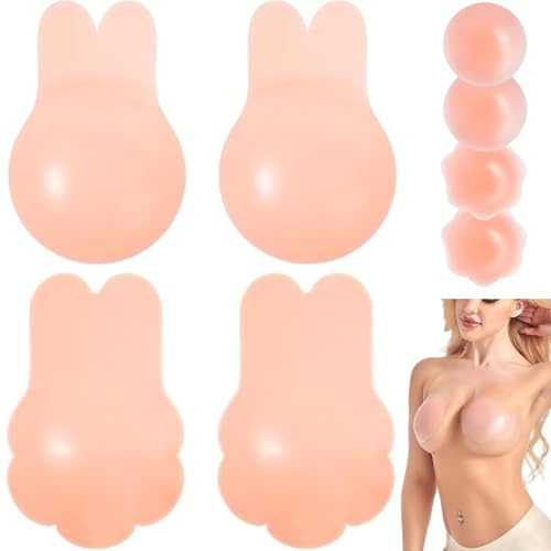 BQQCOB Silicone Pasties Nipple Covers with Lift - 4 Pairs Waterproof Sticky Push Up Bra, Reusable Invisible Adhesive Bras for Women, Strapless Backless Dress Outfits (pink)