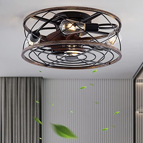 Industrial Retro Cage Ceiling Fan with Lights & Remote Control DC Motor Reversible E27 6 Speed Timer Chandelier Style for Office & Kitchen Lighting