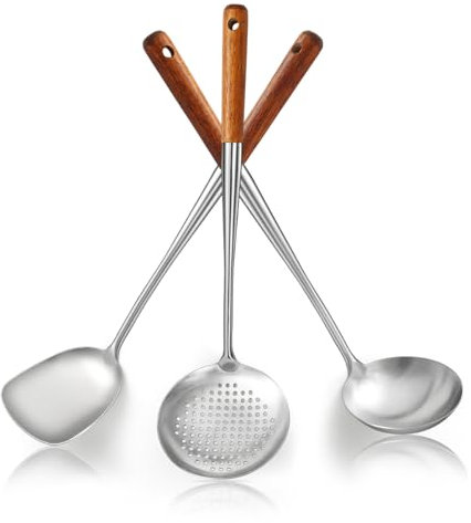 Evanda Wok Spatel Set 43 cm, hitzebeständiger Holzgriff Wok-Werkzeuge aus Edelstahl, Metallspatel, Schöpfkelle, Küchenabschäumer, professionelles Küchen Kochutensilien Set, spülmaschinenfest