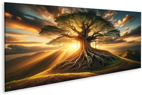 islandburner Quadro su tela Albero della vita alla luce del mattino maestoso in piedi su collina Immagini murali Poster