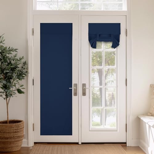PONY DANCE Blackout Door Curtain - W26 x L69 inch French Door Curtains Thermal Insulated Blackout Tie Up Shades Sticker Room Darkening Panel for Patio/Front Door, Navy Blue, 1 PC