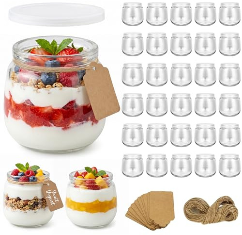 Hbazzor 200 ml Durchsichtige Joghurtgläser mit Deckel (30 Stück),Dessertgläser Mit Deckel,mit Seil und Anhänger,Für Marmelade, Honig, Desserts, Kerzen, Spülmaschinen-,Gefrierschrank- &Mikrowellenfest