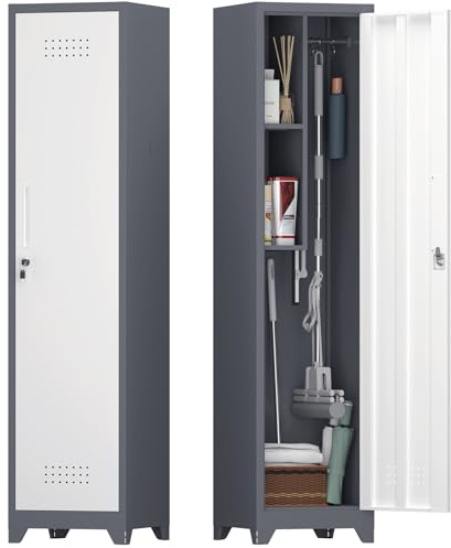 IRONFFICE Storage Cabinet,Slim Broom Closet Storage Cabinets with Lockable Doors,Narrow Utility Cabinets with Hanging Rod,Tall Broom Closet for Laundry,Home Office,Grey-White