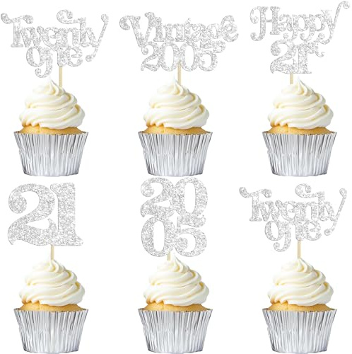 Gyufise 30Pcs 21st Birthday Cupcake Toppers Glitter Twenty-one Vintage 2005 Cheers to 21 Cupcake Picks Hello 21 Years Birthday Cake Decorations for 21st Anniversary Party Supplies Silver