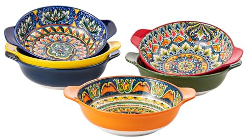 Henten Home Pasta Bowls, 30oz Ceramic Salad Bowls Set of 6, Microwave & Dishwasher Safe Serving Bowls, Pasta Plates for Kitchen - Boho Bowls