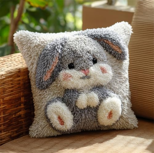 RKFLGEW Diy Knüpfkissen Set Cartoon-Kaninchen-Tier Diy Haken-Knüpfset，Kissenbezug，Teppich，Bedrucktes Kissen，Häkelgarn，Stickerei，Dekoration，Anfänger-Knüpfset 43x43cm