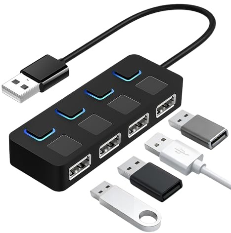 Hub USB 2.0 Multipuerto con 4 Puertos y Cables Integrados, Hub USB 4 Puertos con Interruptores y LED, Adaptador Ladron Multipuertos, 480 Mbps Alta Velocidad, para PS5 MacBook iMac XPS Laptop PC