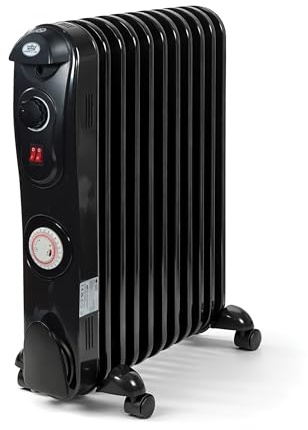 PREM‑I‑AIR 2500W / 2.5kW 11‑Fin Portable Electric Oil Filled Radiator Heater with Adjustable Thermostat, Timer, Castors, Safety Tip‑Over Switch & Thermal Cut‑Off – Quiet Operation – Black