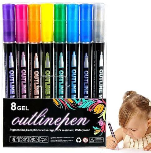 Zeichenmarker, 8 Farben, Umrissstifte-Set, feine Spitze, Kunst-Bastelmarker, Tagebuch-Kritzeln, Geburtstagskarten-Dekoration, kreatives Malmarker-Set für Skizzieren, Illustration, Design, DIY, Basteln