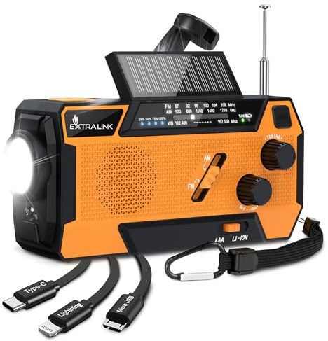 Extralink Radio Portable d’Urgence à Manivelle avec Panneau Solaire - Fonction de Charge 4000mAh avec Câbles Intégrés, Radio a Pile FM/AM - Torche LED, Lampe de Lecture, SOS – Outdoor & Emergency