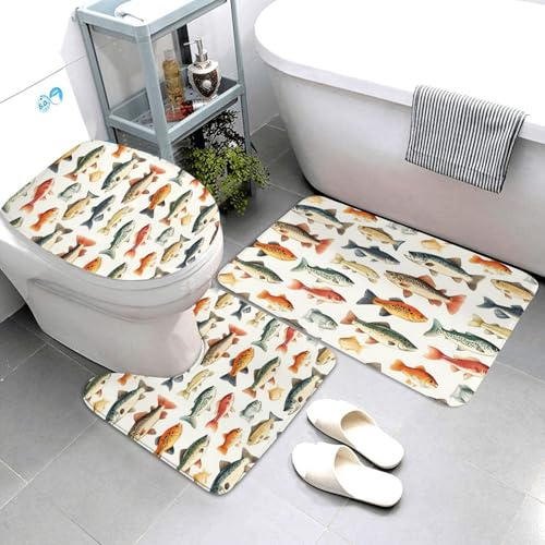Nevjipu Set di 3 tappeti da bagno con stampa realistica di pesci, assorbenti, antiscivolo, lavabili, a forma di U, tappetino per il contorno del WC, tappetino per doccia, tappetino da bagno per WC e