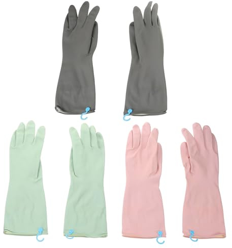 CLISPEED 3 Pairs Rubber Dishwashing Gloves with Anti-slip Pattern, Hanging Hooks, Thin Mint Green, Medium Grey and Pink Purple, Size S, Household Cleaning and Kitchen Washing up Gloves