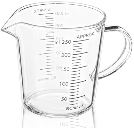 NONDK Jarra Medidora de Vidrio de 250 Ml, Medidora de Vidrio de Borosilicato, Diseño de Bisel en Forma de V, Ideal para Café, Leche, Jarabes y Jugos Concentrados. Características del Producto.