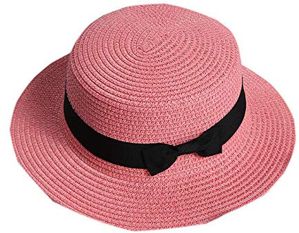 Elonglin Sombrero plano de paja para mujer, niña, niño, transpirable, de secado rápido, verano en vacaciones rosa Small