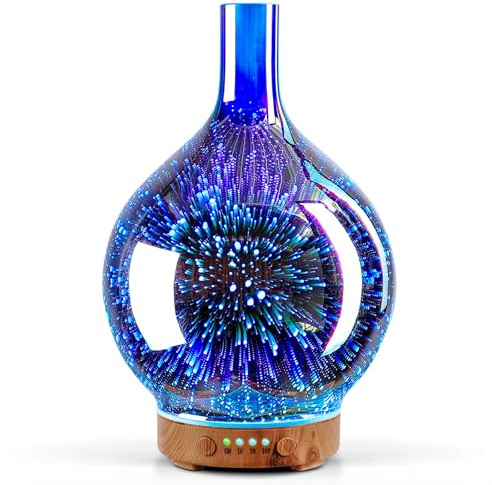 Porseme 150ml Glass Essential Oil Diffuser, Night Light Handmade 3D Glass Ultrasonic Aroma Diffuser, 7 Color Changing Cool Mist Oil Diffuser with Timer, Waterless Auto-off for Home