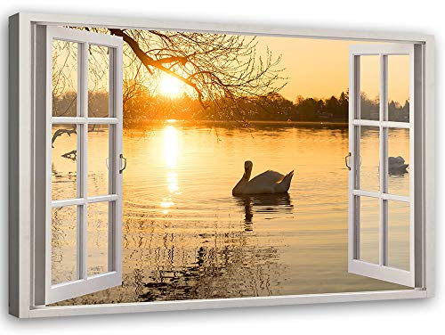 Feeby Bilder - Foto Geschenk - Fensterblick Schwäne See - 60x40 cm 1tlg - Leinwandbilder Wohnzimmer - Wandbild über dem Bett - Bild Schlafzimmer - Aesthetic Zimmer Deko - Modern Pictures