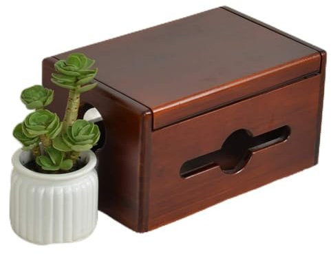 Insun Kabelbox Holz Handgemacht, Aufbewahrungsbox für Kabel und Steckdosenleiste, Kabelmanagement Box, Kabel Organizer Dunkelbraun Kiefernholz 28x18x15cm