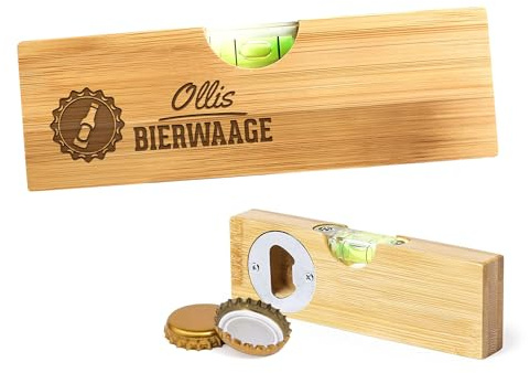 Casa Vivente Kleine Wasserwaage aus Holz mit Gravur Bierwaage, Personalisiert mit Namen, Flaschenöffner, Lustiges Multitool als Gadget