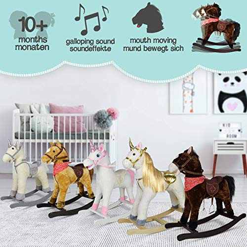 Infantastic® Schaukelpferd - ab 1 Jahr, mit Soundeffekten, Kuschelweich, Holz, Plüsch, für Kinder, Designwahl - Schaukeltier, Schaukelspielzeug (Rosanes Einhorn)
