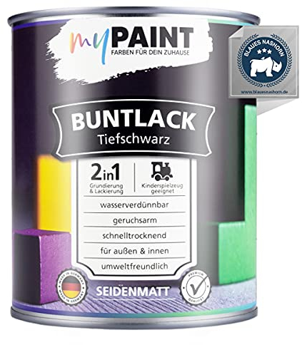 myPaint 2in1 Buntlack Seidenmatt (750ml Tiefschwarz/Schwarz RAL 9005) – Wetterfeste Holzfarbe Holzlack Küchenmöbellack. Getrocknet auch für Kinderspielzeug. Schnelltrocknend, Innen Außen