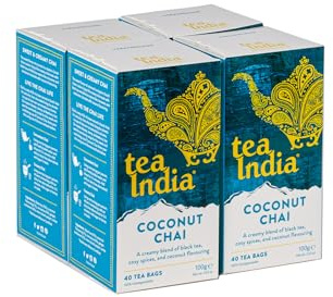Tea India Chai Tea Bags (4 Packs of 40 Biodegradable Tea Bags) Rainforest Alliance Certified (Coconut Chai)