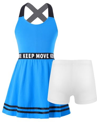 Freebily Mädchen Tennis Kleidung Ärmelloses Tennis Kleider Shorts 2er Set Kinder Sport Outfit Tanzkleid Badminton Training Fitness Bekleidung Blau 122-128/7-8 Jahre
